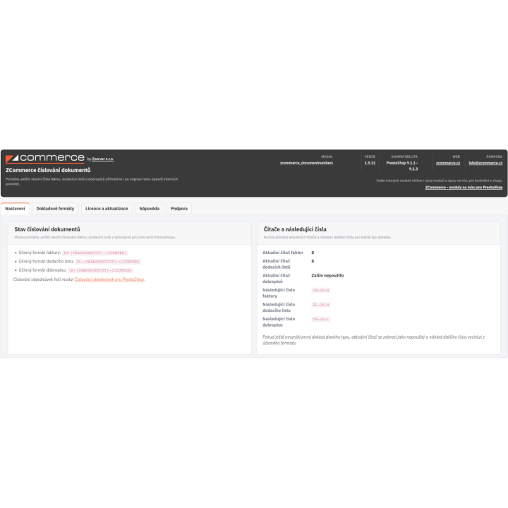 Číslování dokladů pro PrestaShop