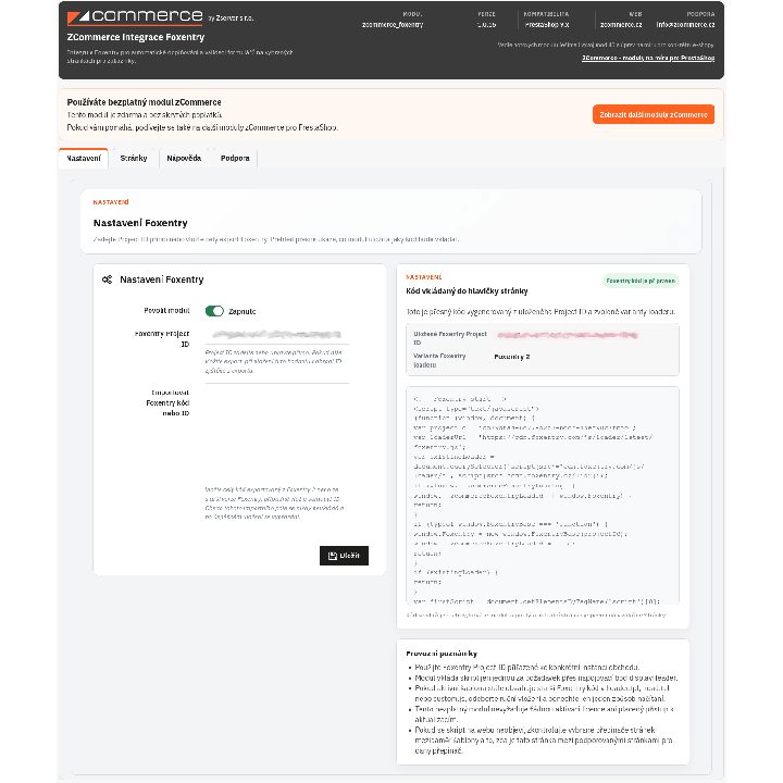 Foxentry pre PrestaShop - Nastavenie