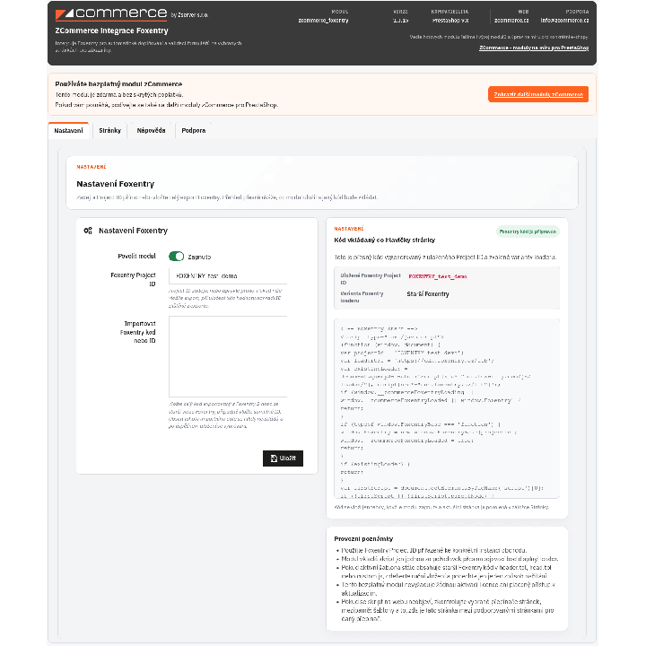 Foxentry pro PrestaShop - Nastavení